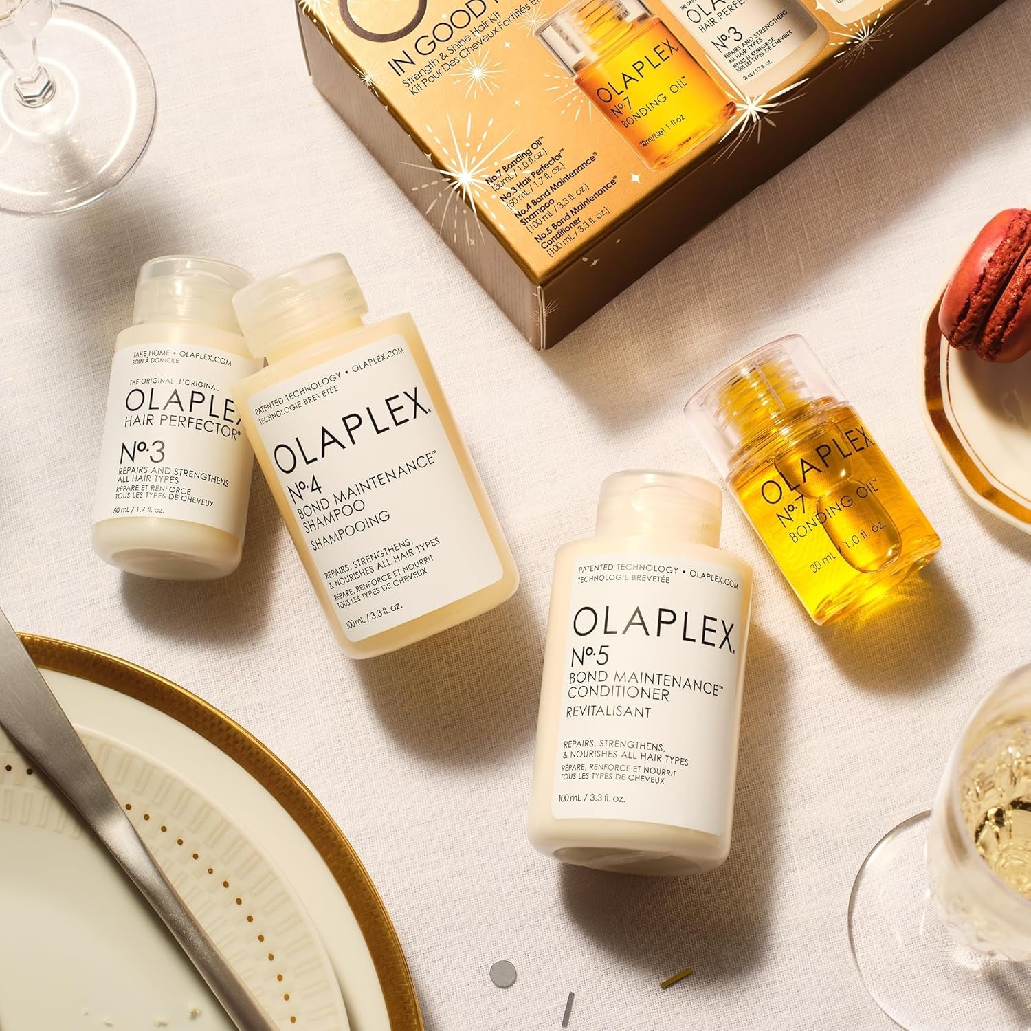 Kit OLAPLEX No. 3, 4, 5, 7 – Shampoo y Acondicionador, Hidratación y Control de Frizz (72H), Aceite Bonding para Brillo y Protección, Perfector para Fortalecer y Reparar el Daño